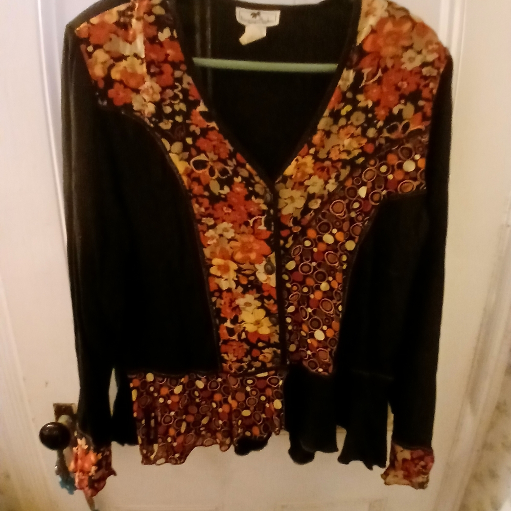 Vintage Floral Black and Orange Blouse